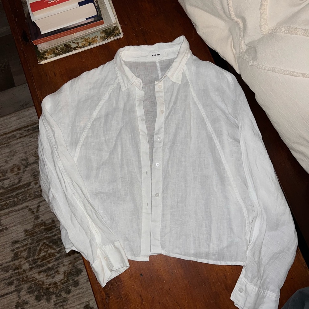 Mod Ref white linen button up women’s shirt
